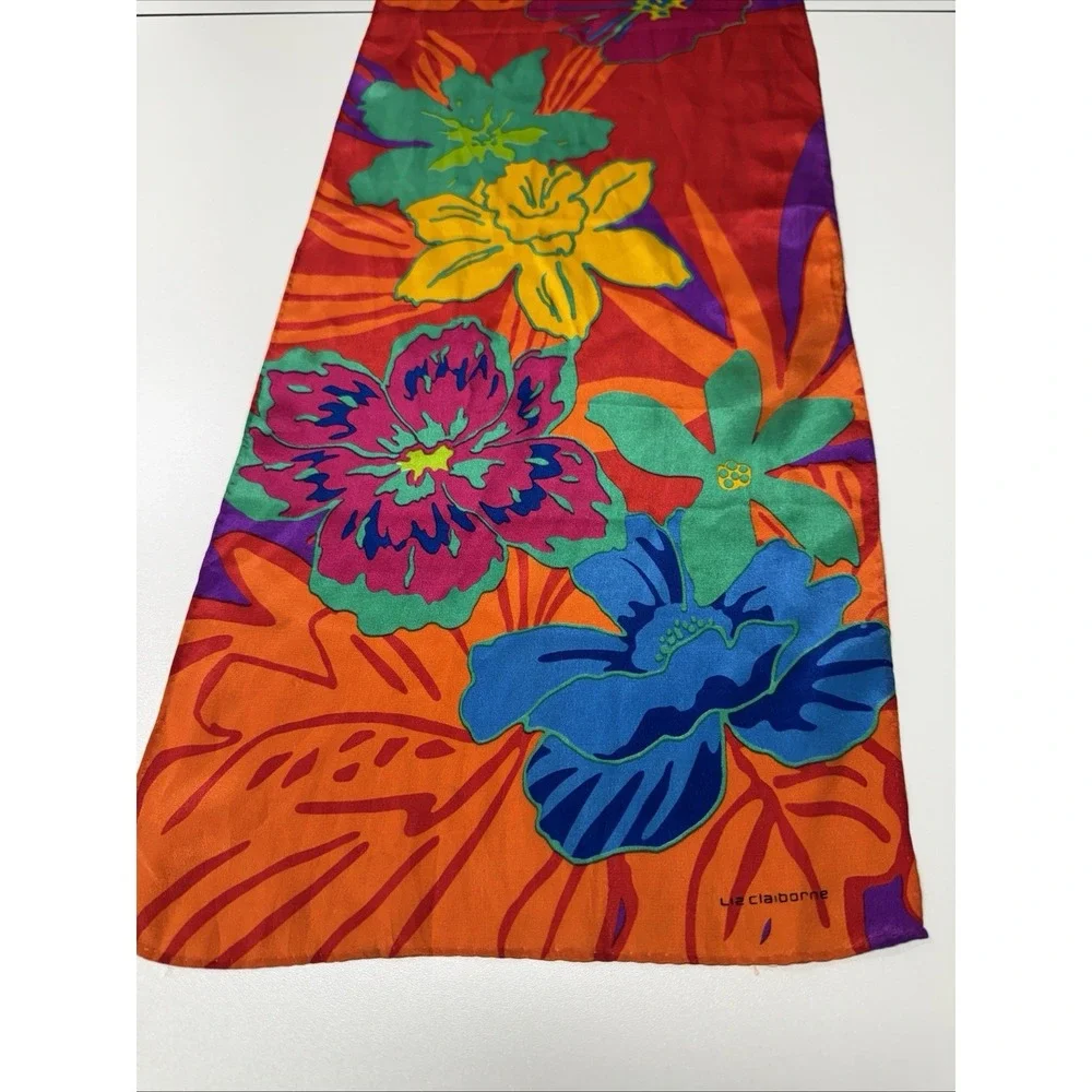 VTG Liz Claiborne Silk Rectangular Scarf Wrap Floral Vibrant Boho 10x52